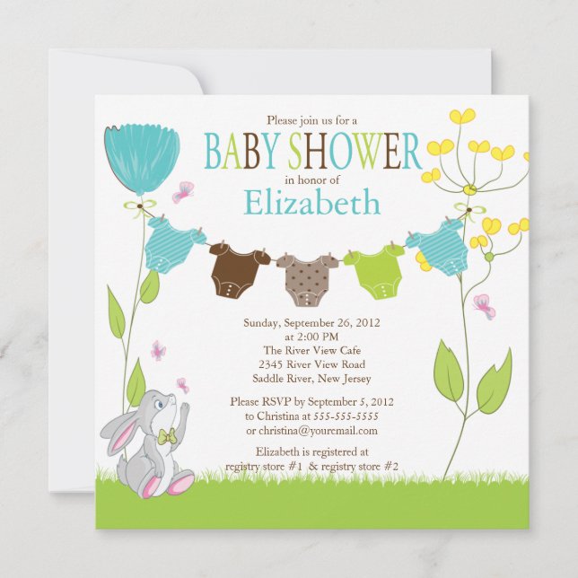 Cute Clothesline Boy Baby Shower Invitations (Devant)