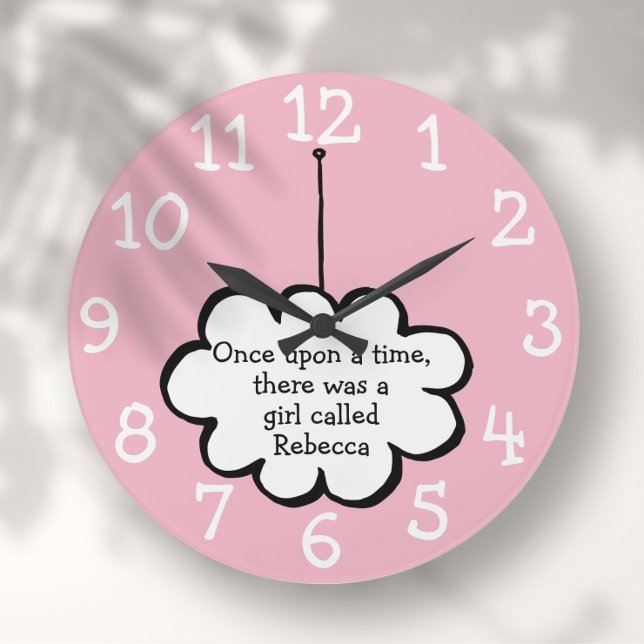 Cute Cloud on a String Fun Personalized Pink Große Wanduhr (Cute Cloud on a String Fun Personalized Pink Large Clock)