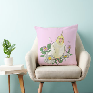Cute Cockatiel Floral Illustration Kissen