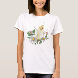 Cute Cockatiel Floral Illustration T-Shirt