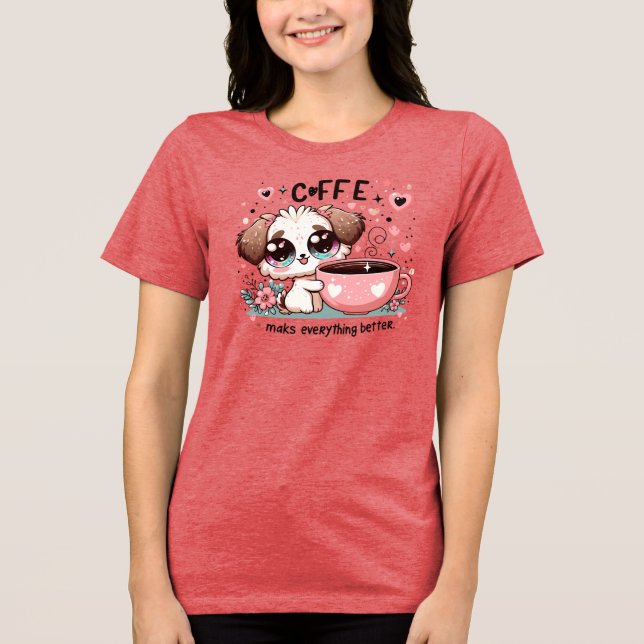 Cute Coffee Puppy Flowers Kawaii Art Gift Tri-Blend Shirt (Vorderseite)