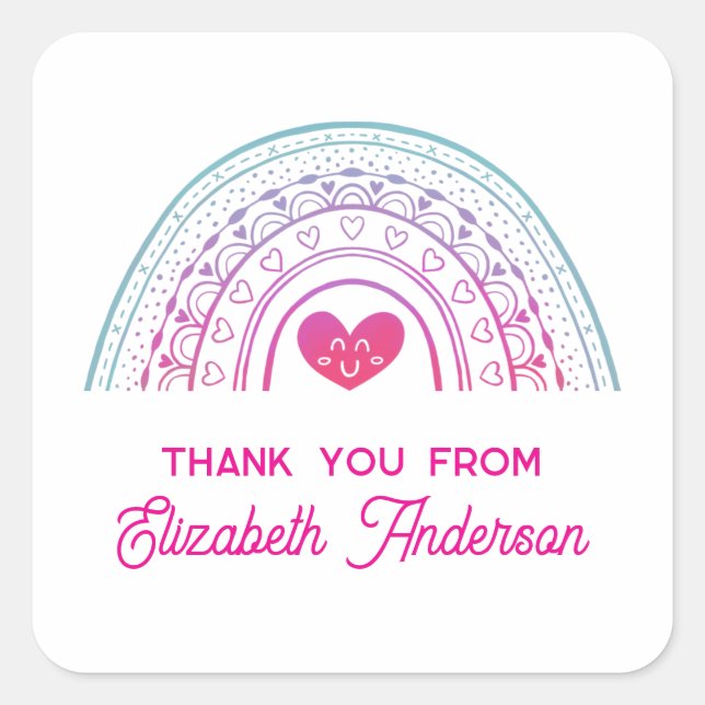 Cute Colorful Boho Rainbow Thank You Quadratischer Aufkleber (Vorderseite)