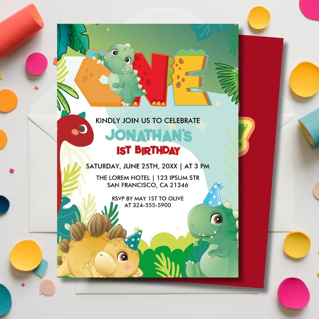 Cute Colorful Dinosaur Boys First Birthday  Einladung (Von Creator hochgeladen)