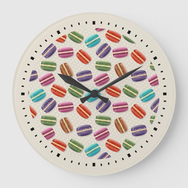 Cute Colorful Macarons Pattern with Polka Dots Große Wanduhr (Vorderseite)