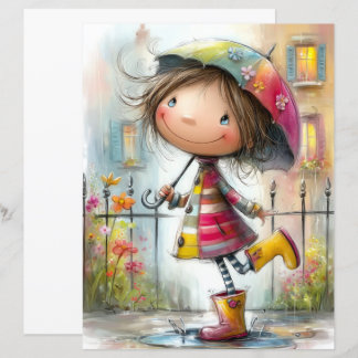 Cute Colorful Peculiar Rain Girl Scrapbook Paper