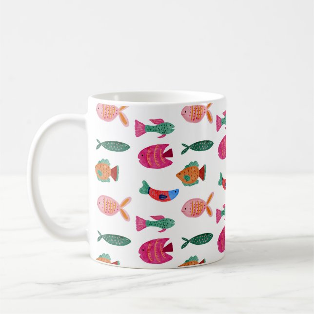 Cute Colorful Tiny Fish Drawing Seamless Pattern Kaffeetasse (Links)