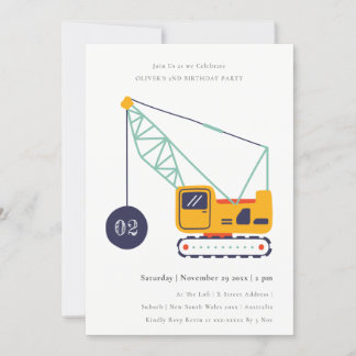 Cute Construction Crane Vehicle Any Age Birthday Einladung