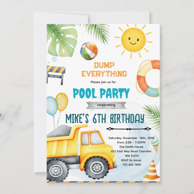Cute construction pool theme invitation einladung (Vorderseite)
