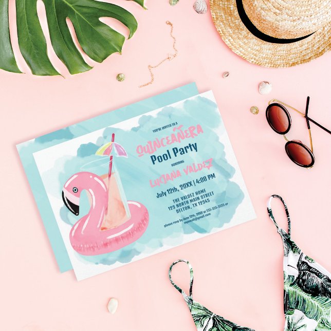 Cute Cool Tropical Flamingo Pool Party Quinceañera Einladung (Von Creator hochgeladen)