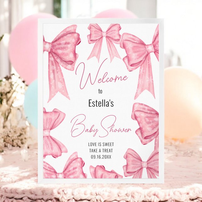 Cute Coquette Rose Bow Baby shower Affiche de bien (Cute Coquette Pink Bow Baby Shower Welcome Sign)