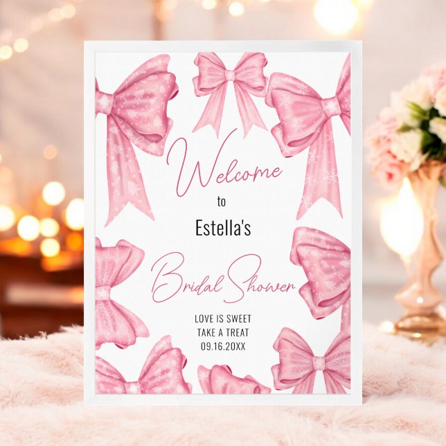 Cute Coquette Rose Bow Fête des mariées Affiche de (Cute Coquette Pink Bow Bridal Shower Welcome Sign)