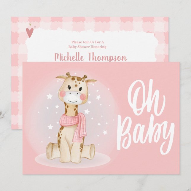 Cute Coral rose Giraffe Baby shower Invitation (Devant / Derrière)