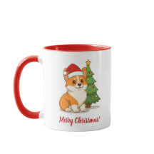 Cute Corgi Dog in a Red Hat with Christmas Tree