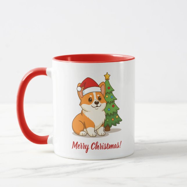 Cute Corgi Dog in a Red Hat with Christmas Tree Tasse (Links)