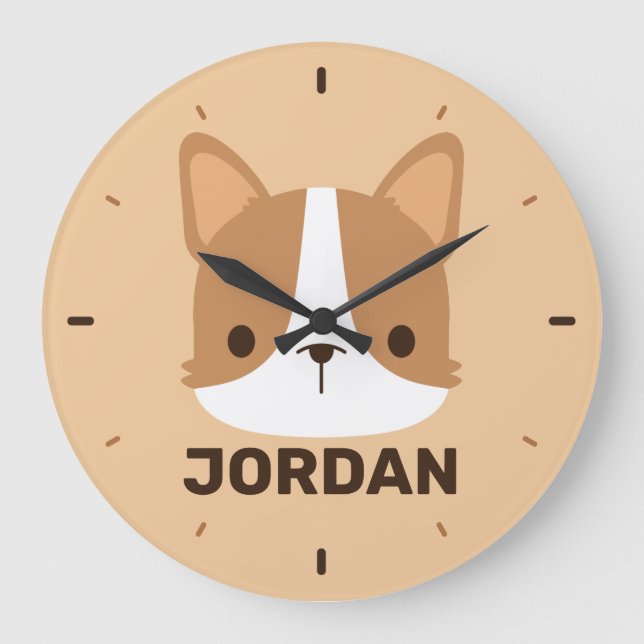 Cute Corgi Dog with Personalized Name Große Wanduhr (Vorderseite)