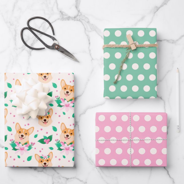 Cute Corgi papier d'enveloppement Floral Ensemble  (Recto)