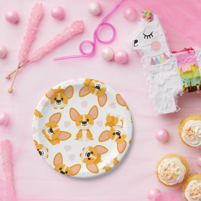 Cute Corgi with Hearts Birthday Pappteller (Party)