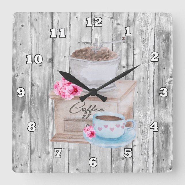 Cute Country coffee bar Quadratische Wanduhr (Vorderseite)