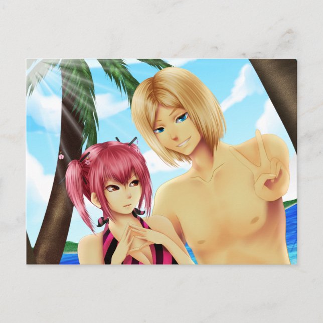 Cute couple anime sur carte postale de vacances (Devant)