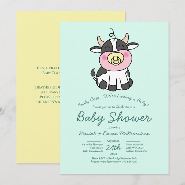 Cute Cow Baby shower Kawaii Invitation (Devant / Derrière)