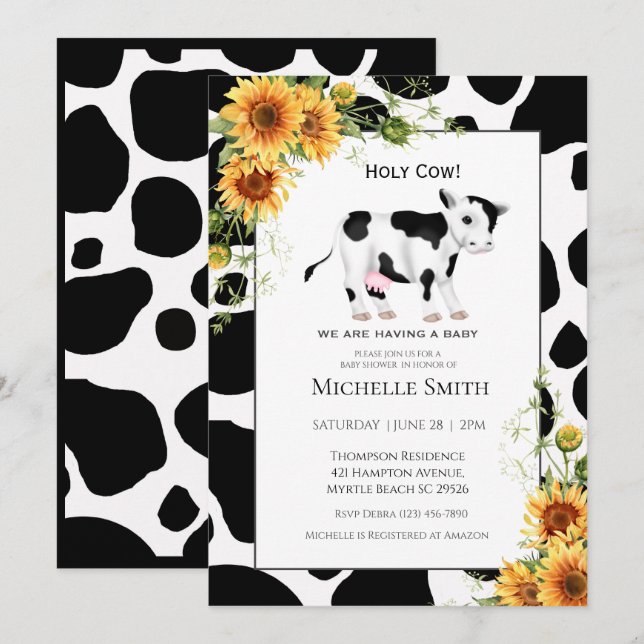Cute Cow Imprimer Sunflower Baby Shower Invitation (Devant / Derrière)
