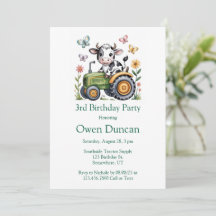 Cute Cow on Tractor Boy Birthday Party 