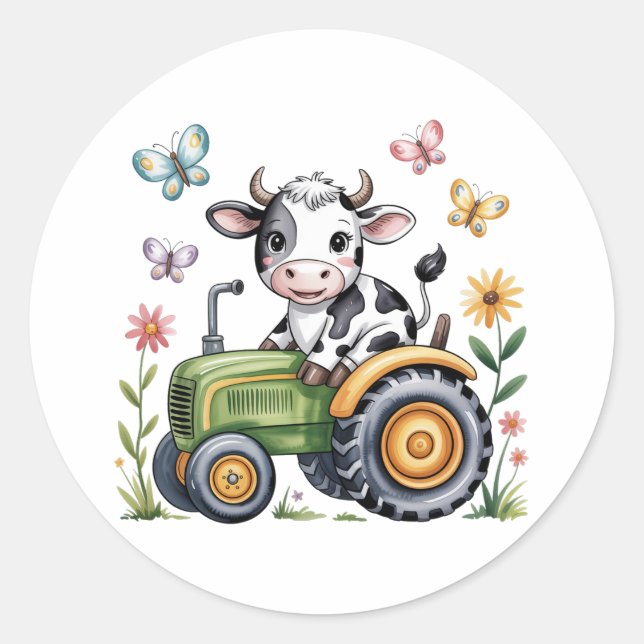 Cute Cow on Tractor Boy Birthday Party Runder Aufkleber (Vorderseite)