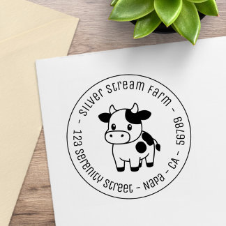 Cute Cow Round Business Address Gummistempel