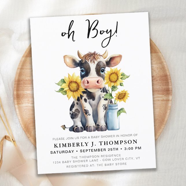 Cute Cow Sunflowers Moderne Baby shower Invitation (Créateur téléchargé)