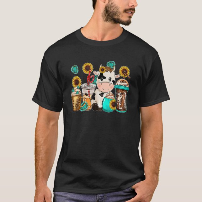 Cute Cow Western Cowhide Coffee Cup Sunflowers Ani T-Shirt (Vorderseite)
