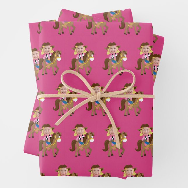 Cute Cowgirl Kids Birthday Custom Girls Photo Geschenkpapier Set (Beispiel)