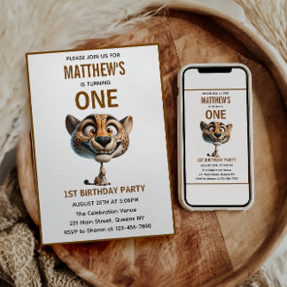 Cute Crazy Cheetah Farm Theme 1st Birthday Einladung