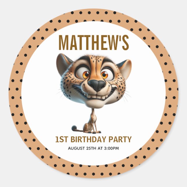 Cute Crazy Cheetah Farm Theme 1st Birthday Runder Aufkleber (Vorderseite)