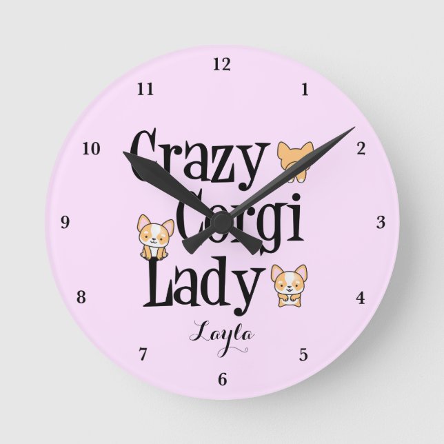 Cute Crazy Corgi Lady Personalized Pink Runde Wanduhr (Vorderseite)