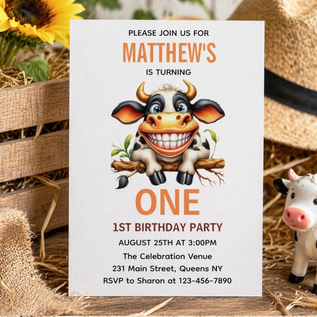 Cute Crazy Cow Farm Theme 1st Birthday Einladung (Cute Crazy Cow Farm Theme 1st Birthday Invitation
)
