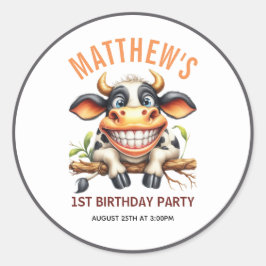 Cute Crazy Cow Farm Theme 1st Birthday Runder Aufkleber