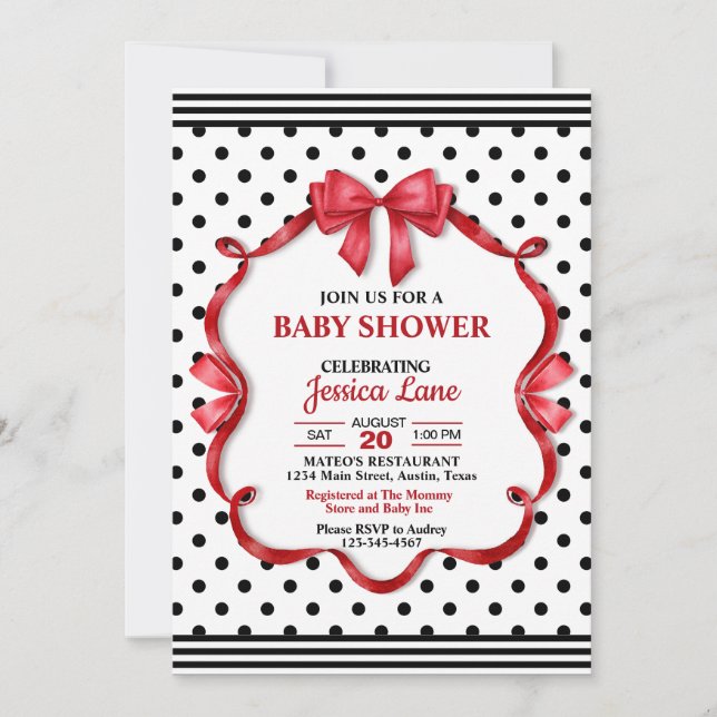 Cute Crimson Bow Baby Shower Invitation Einladung (Vorderseite)