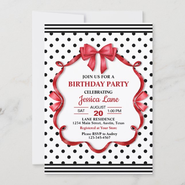 Cute Crimson Bow Birthday Invitation (Devant)
