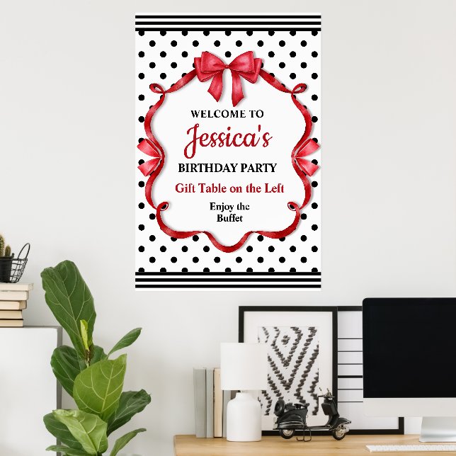 Cute Crimson Bow Birthday Poster (Heimbüro)