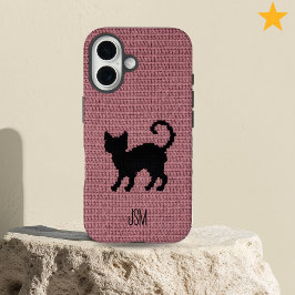 Cute Crochet Black Cat Custom Initials Monogram   iPhone 16 Hülle