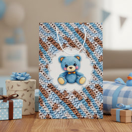 Cute Crochet Teddy Bear Blue and Brown Mittlere Geschenktüte