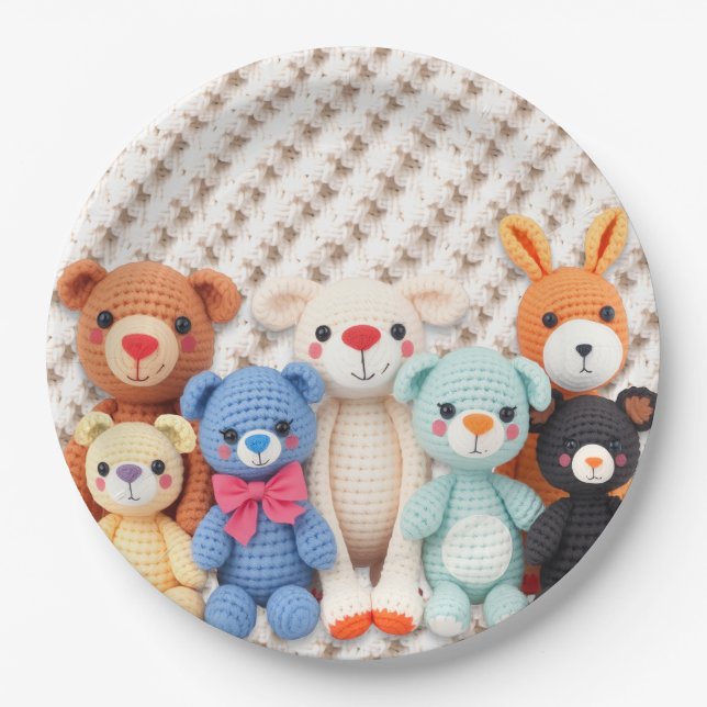 Cute Crocheted Stuffed Animals Boy's Baby Shower Pappteller (Vorderseite)