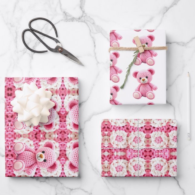 Cute Crocheted Teddy Bear Girl's Baby Shower Geschenkpapier Set (Vorderseite)