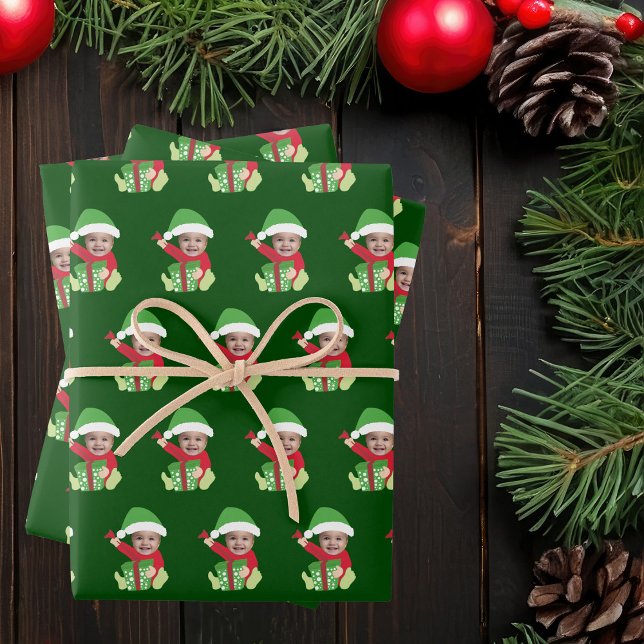 Cute Custom Baby Face Photo Elf Christmas Geschenkpapier Set (Von Creator hochgeladen)