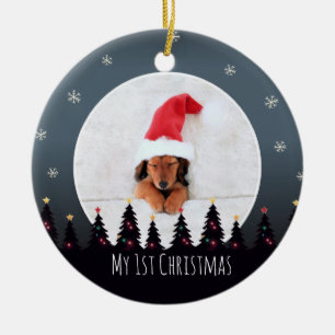 Cute Custom First Christmas Puppy Photo Template Keramik Ornament