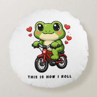 Cute Cycling Frog | Kawaii Frog Bicycle Art Rundes Kissen