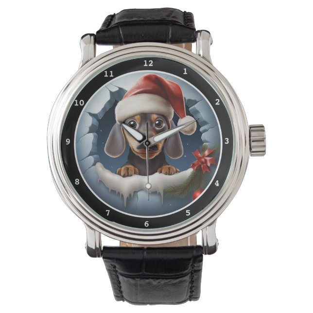 Cute Dachshund Puppy Winter Scene Image Armbanduhr (Vorderseite)