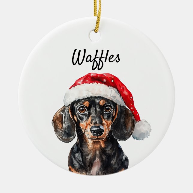 Cute Dachshund with Santa Hat Keramik Ornament (Vorne)