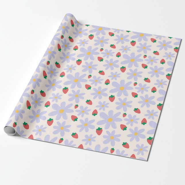 Cute Daisy and Strawberry Pattern Geschenkpapier (Ungerollt)
