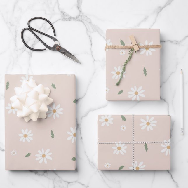 Cute Daisy Floral Blossoms & Greenery Geschenkpapier Set (Vorderseite)